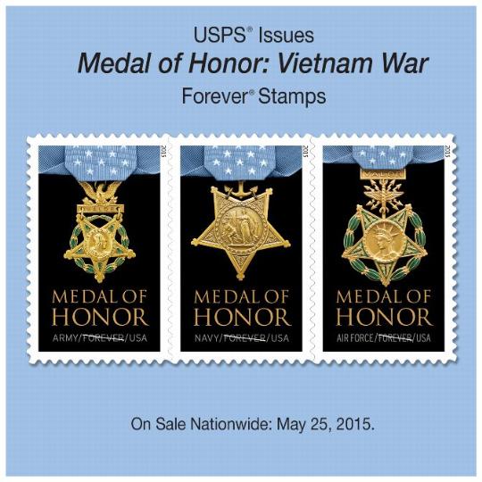 Postal Bulletin 22414, April 30, 2015 Back Cover - USPS Issues Medal of Honor: Vietnam War Forever Stamps. On Sale Nationwide: May 25, 2015.