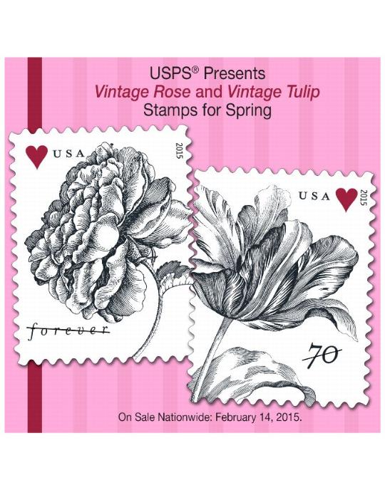 USPS Presents Vintage Rose and Vintage Tulip Stamps for Spring, On Sale Nationwide: February 14, 2015.
