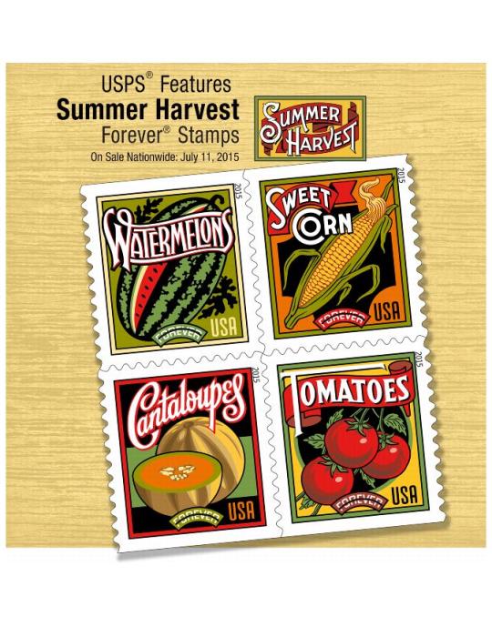 USPS Features Summer Harvest Forever Stamps. On Sale Nationwide: July 11, 2015.