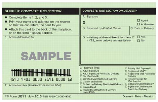 PS Form 3811, Domestic Return Receipt, (page 1)