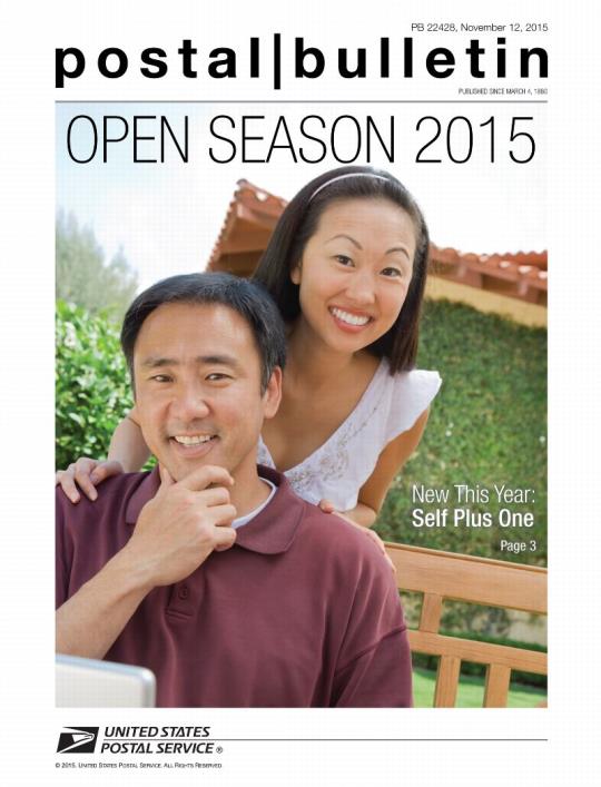 Postal Bulletin 22428, November 12, 2015 - Front Cover - OPEN SEASON 2015. New This Year: Self Plus One. See page 3.