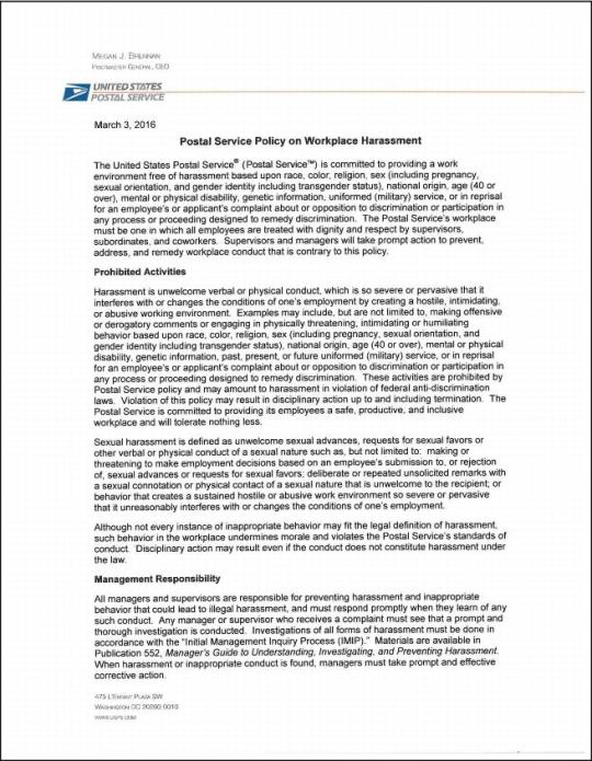 Postal Service Policy on Workplace Harassment (page 1 of 2)