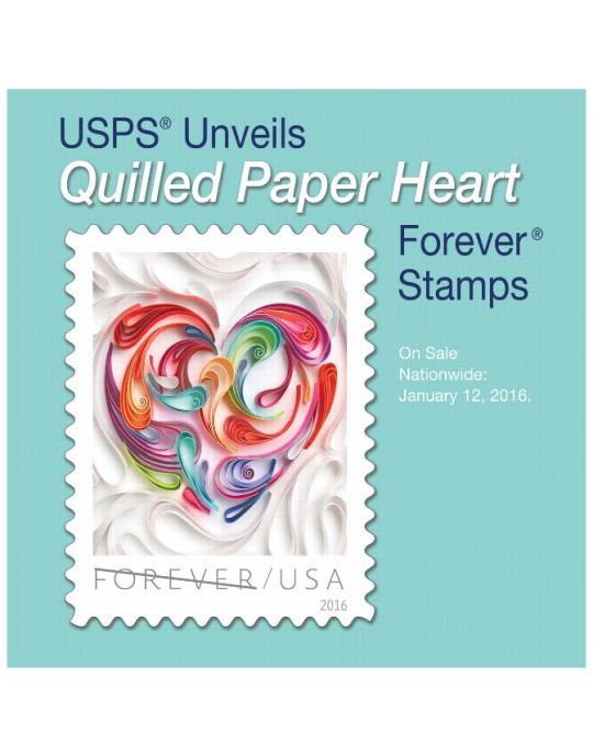 USPS Unveils Quilled Paper Heart Forever Stamps. On Sale Nationwide: January 12, 2016.