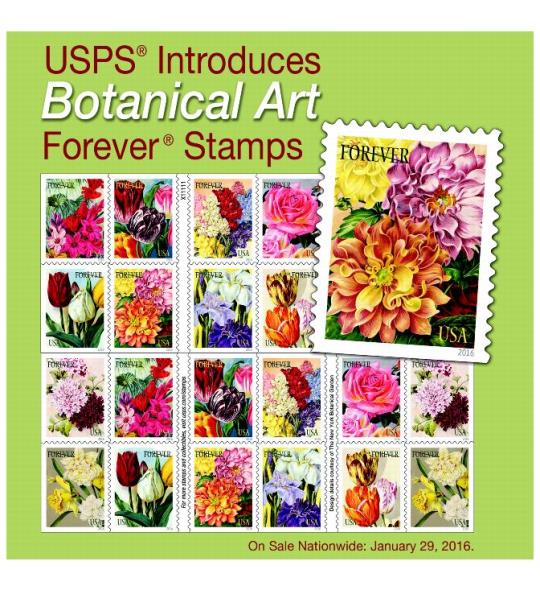 USPS Introduces Botanical Art Forever Stamps. On Sale Nationwide: January 29, 2016.
