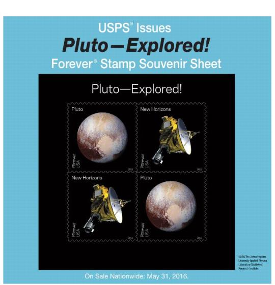 USPS Issues Pluto - Explored! Forever STamp Souvenir Sheet. On Sale Nationwide: May 31, 2016