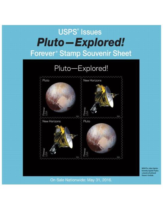 USPS Issues Pluto - Explored! Forever Stamp Souvenir Sheet, On Sale Nationwide: May 31, 2016