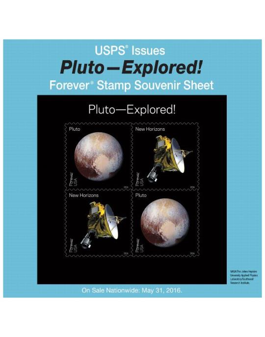 USPS Issues Pluto-Explored! Forever Stamp Souvenir Sheet. On Sale Nationwide: May 31, 2016