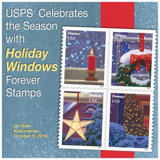 USPS Celebrates the Season with Holiday Windows Forever Stamps. On Sale Nationwide: October 6, 2016.