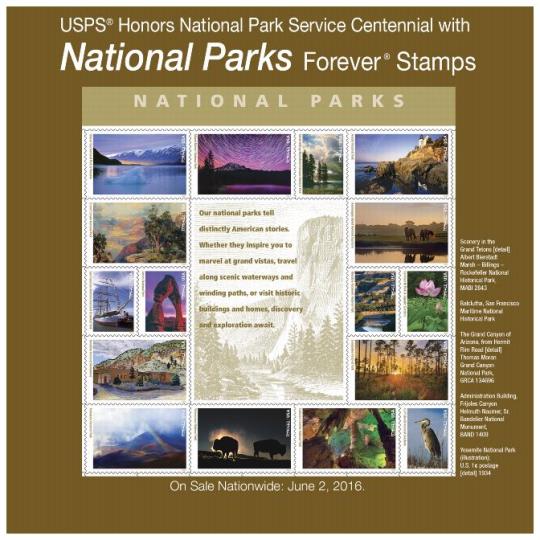 USPS Honors Natinoal Park Service Centennial with National Parks Forever Stamps. On Sale Nationwide: June 2, 2016.