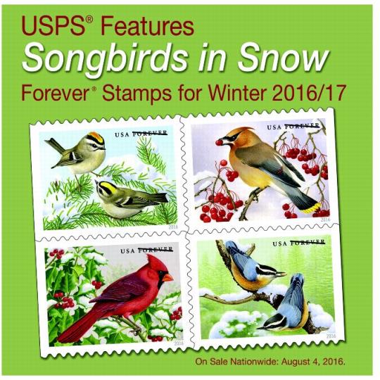 USPS Features Songbirds in Snow, Forever stamps for Winter 2016/17