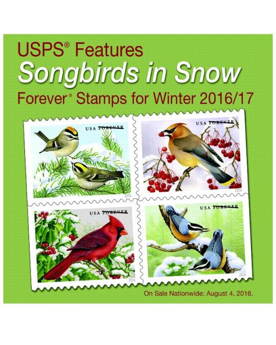 USPS Features Sonbirds in Snow Forever Stamps for Winter 2016/17 on sale Nationwide August 4, 2016