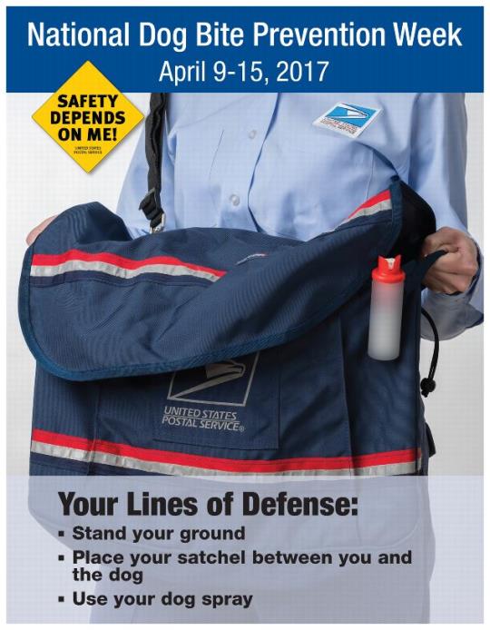 Poster-National Dog Bite Prevention Week April 9- 15, 2017. Your lines of defense:Stand your ground. Place your satchel between you and the dog. Use your dog spray.