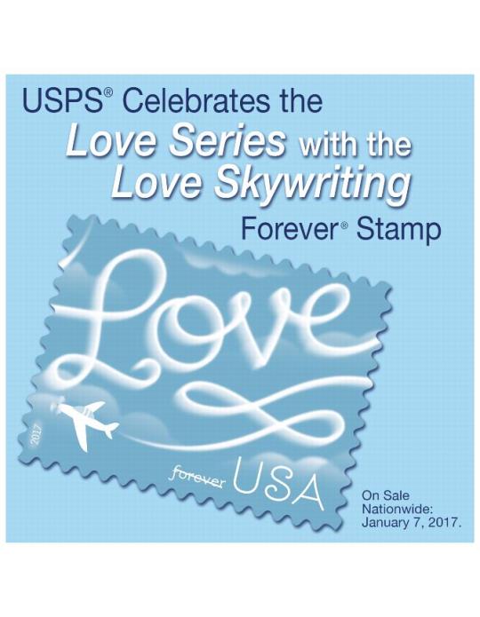 USPS Clebrates Love Series with the Love Skywriting Forever Stamp, On Sale Nationwide: January 7, 2017