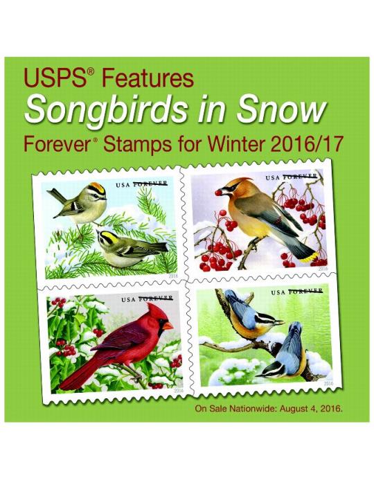 USPS Features Songbirds in Snow Forever Stamp For Winter 2016/2017, On Sale Nationwide: August 4, 2017