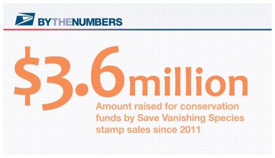 By The Numbers. $3.6 million. Amount raised for conservation funds by Save Vanishing Species stamp sales since 2011.