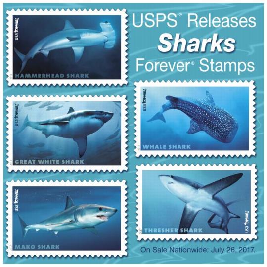 Postal Bulletin 22477 Back Cover: USPS Releases Sharks Forever Stamps. On Sale Nationwide: July 26, 2017