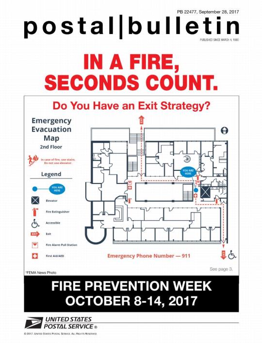 Postal Bulletin22477, September 28, 2017 Front Cover - In a Fire, Seconds Count. Do You Have an Exit Strategy. Image of an evacuation map