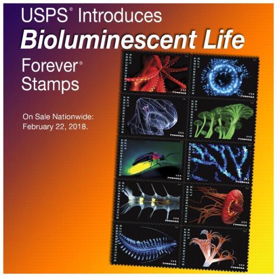 USPS Introduces Bioluminescent Life Forever Stamps. On Sale Nationwide: February 22, 2018.