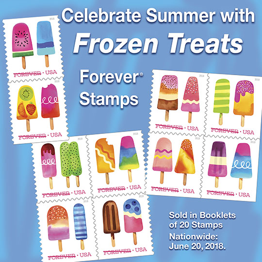 PB 22498 Back Cover: Celebrate Summer with Frozen Treats Forever Stamps. Sold in Booklets of 20 Stamps. Nationwide: June 20, 2018.