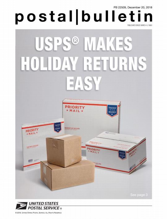 Postal Bulletin 22509, December 20, 2018 Front Cover - USPS Makes Holiday Returns Easy.