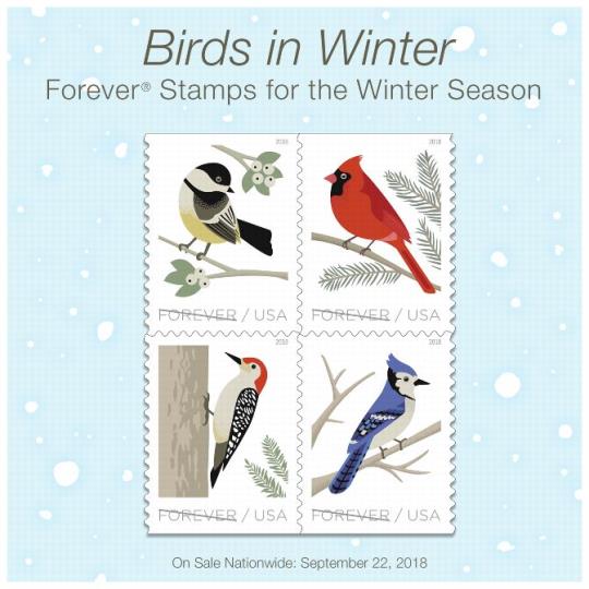 Postal Bulletin 22510, January 3, 2019. Back Cover -Birds in Winter. Forever Stamps for the Winter Season. On Sale Nationwide: September 22, 2018.