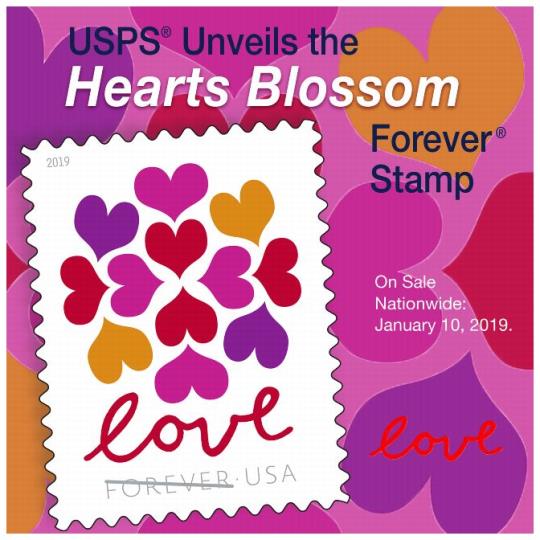 Postal Bulletin 22512, January 31, 2019. Back Cover - USPS Unveils the Hearts Blossom Forever Stamp. On Sale Nationwide: January 10, 2019.