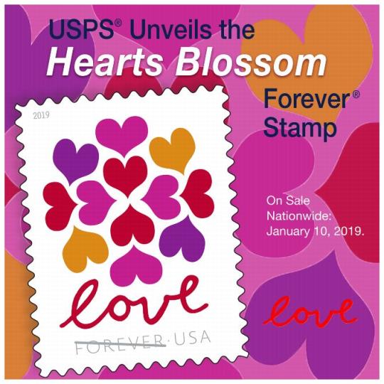 Postal Bulletin 22514, February 28, 2019. Back Cover - USPS unveils the Hearts Blossom Forever Stamp. On SaleNationwide: January 10, 2019..