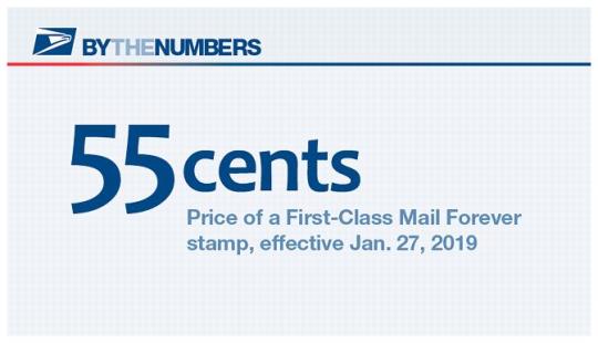 ByThe Numbers. 55 cents. Price of a First-Class Mail Forever stamp, effective Jan. 27, 2019.