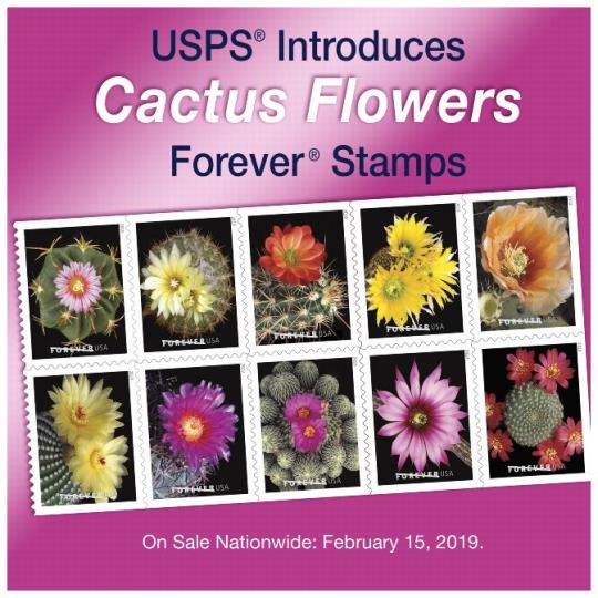 Postal Bulletin 22518, April 25, 2019 Back Cover - USPS Introduces Cactus Flowers Forever Stamps. On Sale Nationwide: February 15, 2019.