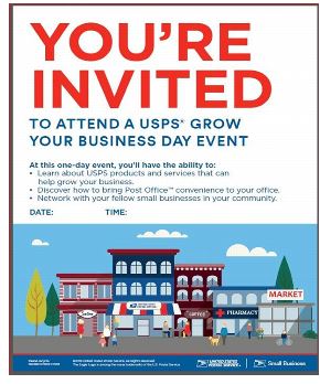 Flyer: you're invited to atte4nd a USPS Grow your business day event.