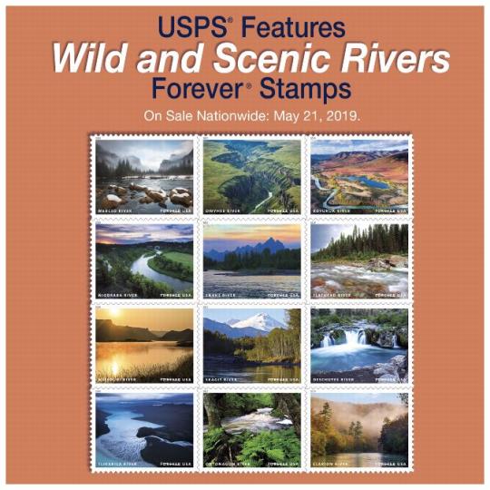 Postal Bulletin 22523, July 4, 2019 Back Cover - USPS Features Wild and Scenic Rivers Forever Stamps. On Sale Nationwide: May 21, 2019.