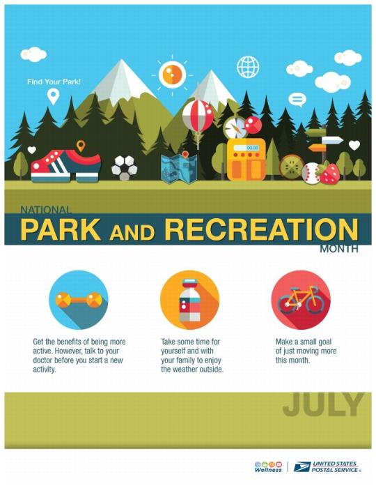 National Park and Recreation Month Poster. Find Your Park! Get the benefits of being more active. Take some time for yourself and with your family to enjoy the weather outside. Make a small goal of just moving more this month.