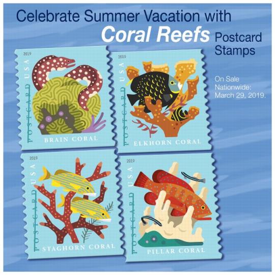 Postal Bulletin 22525, August 1, 2019 Back Cover - Celebrate Summer Vacation with Coral Reefs Postcard Stamps. On sale nationwide: March 9, 2019.