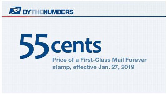 By the Numbers. 55 cents: Price of a First-Class Mail Forever stamp, effective January 27, 2019.
