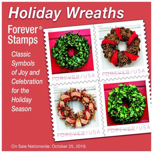 Postal Bulletin 22531, October 24, 2019 Back Cover - Holiday Wreaths Forever Stamps. Classic symbols of joy and celebration for the Holiday Season. On sale nationwide: October 25, 2019.