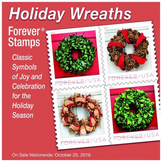 Postal Bulletin 22533, November 21, 2019. Back Cover - Holiday Wreaths Forever Stamps. Classic symbols of joy and celebration for the Holiday Season. On sale nationwide: October 25, 2019.