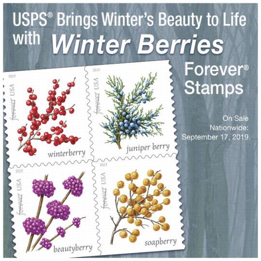Postal Bulletin 22536, January 2, 2020. Back Cover - USPS Brings Winter’s Beauty to Life with Winter Berries Forever Stamps. On sale nationwide: September 17, 2019.