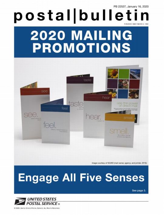 Postal Bulletin 22537, January 16, 2020 (front cover). 2020 Mailing Promotions. Engage all 5 senses.