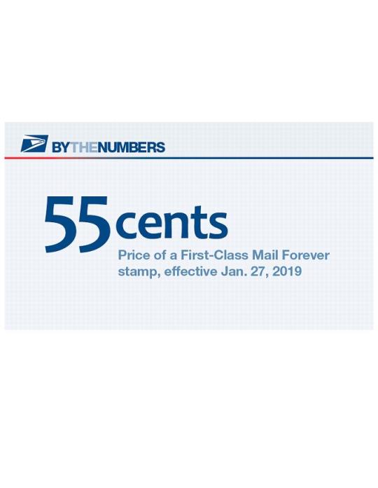 By the Numbers. 55 cents: Price of a First-Class Mail Forever stamp, effective January 27, 2019.