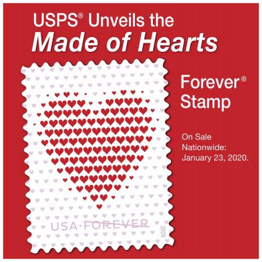 Postal Bulletin 22541, March 12, 2020. Back Cover - USPS Unveils the Made of Hearts Forever Stamp. On sale nationwide: January 23, 2020.