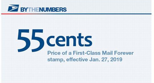 By the Numbers. 55 cents: Price of a First-Class Mail Forever stamp effective January 27 2019.