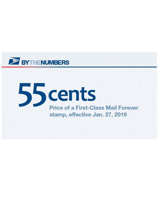 By the Numbers. 55 cents. Price of First-Class Mail Forever Stam. January 27, 2019