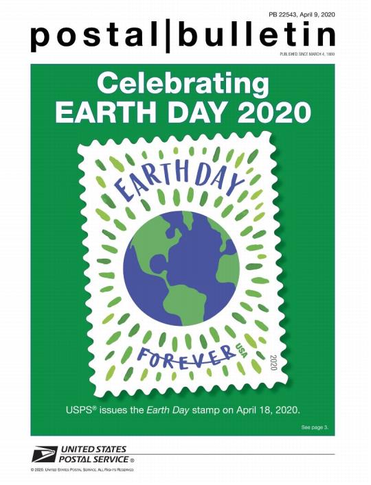 Postal Bulletin 22543 April 9, 2020 (front cover) Celebrating Erth Day 2020.