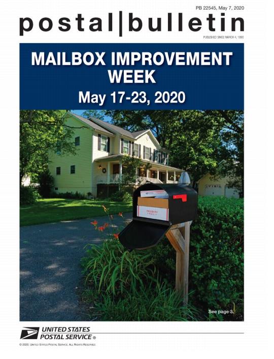 Postal Bulletin 22545, May 7, 2020 (front cover). Mailbox Improvement Week: May 17-23, 2020