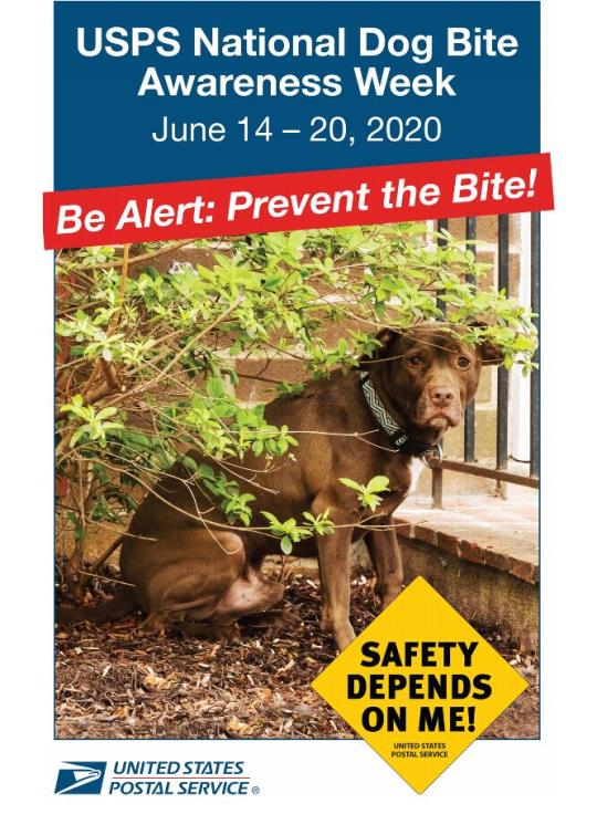Poster: USPS National Dog Bite Awareness Week: June 14-20, 2020. Be Alert: Prevent the Bite!