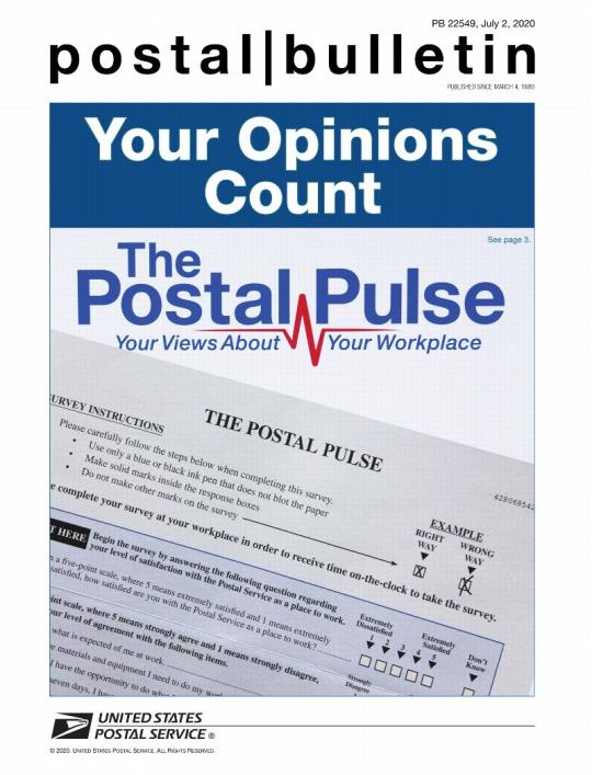 Cover: Postal Bulletin 22549, July 2, 2020. Your Opinions Count. The Postal Pulse: Your Views about your Workplace