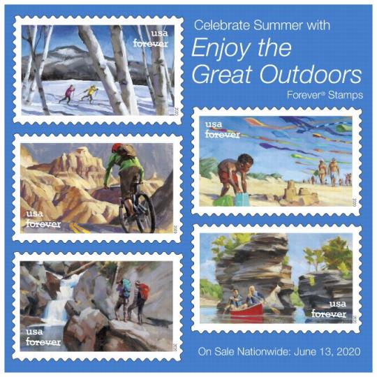 Back Cover. Postal Bulletin, 22550, July 16, 2020. Celebrate Summer with Enjoy the Great Outdoors Forever Stamps. On sale nationwide: June 13, 2020.