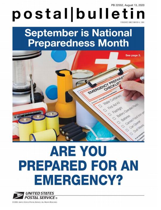 Cover: Postal Bulletin 22552, August 13, 2020. September is National Preparedness Month. Are you prepared for an emergency?