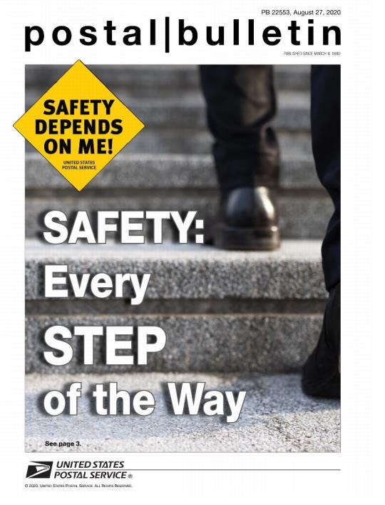 Cover: Postal Bulletin 22553, August 27, 2020. Safety: Every step of the way. Safety depends on me!