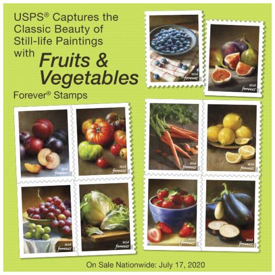 Back Cover. Postal Bulletin, 22554, September 10, 2020. USPS captures the classic beauty of still-life painntings with Fruits and Vegetables Forever Stamps. On sale nationwide: July 17, 2020.